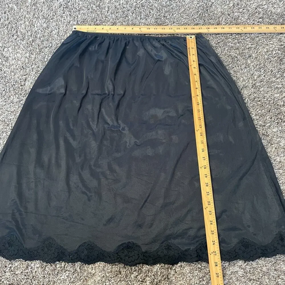 Half Slip Skirt Plus Size 22 24 Black Solid Nylon Satin Lace Trim Lingerie Vtg